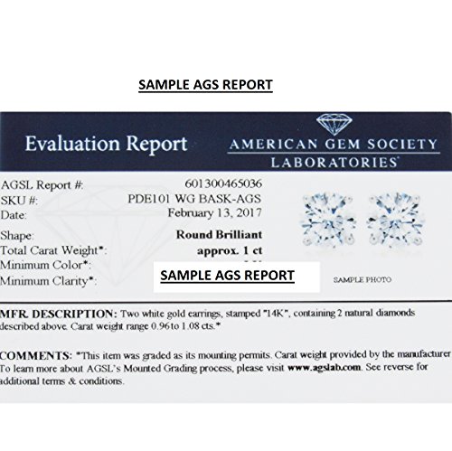 AGS Certified 1ct TW Round REAL Diamond Solitaire Stud Earrings in REAL 14K Yellow Gold or 14K White Gold with Screw Backs