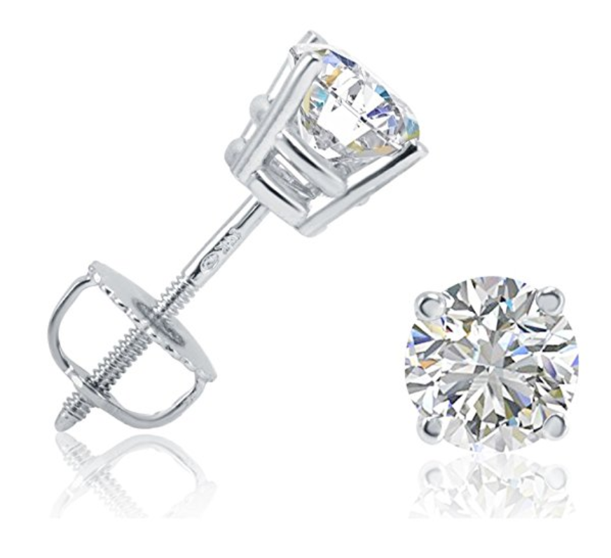 AGS Certified 1ct TW Round REAL Diamond Solitaire Stud Earrings in REAL 14K Yellow Gold or 14K White Gold with Screw Backs