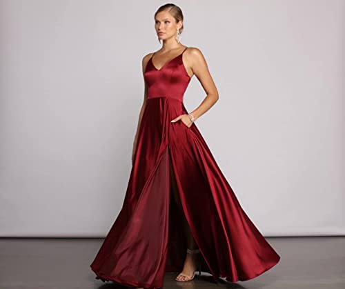 SMORBRID Women s Spaghetti Strap Prom Dresses Long with Pockets Satin Formal Evening Party Gowns with Slit