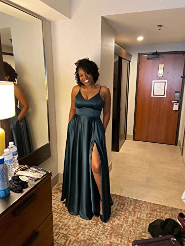 SMORBRID Women s Spaghetti Strap Prom Dresses Long with Pockets Satin Formal Evening Party Gowns with Slit