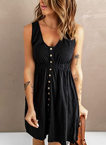 Acelitt Womens Casual Sleeveless Button Down Elastic Waist Swing Dresses, XS-2XL