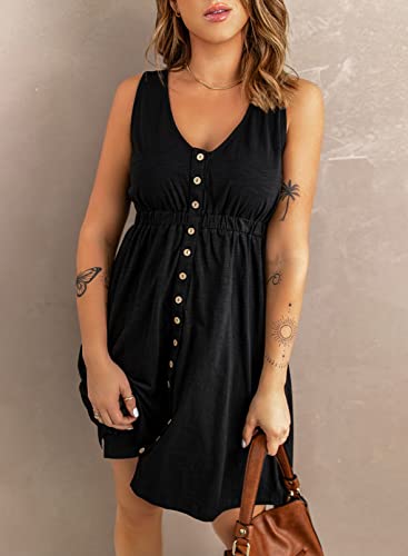 Acelitt Womens Casual Sleeveless Button Down Elastic Waist Swing Dresses, XS-2XL