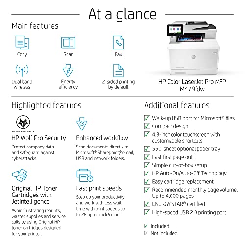 HP Color LaserJet Pro Multifunction M479fdw Wireless Laser Printer with One-Year, Next-Business Day, Onsite Warranty (W1A80A), White