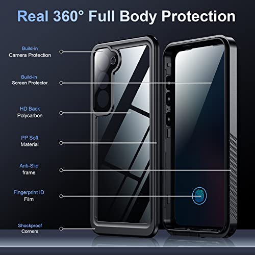 Temdan for Samsung Galaxy S23 Case,Waterproof Built-in Lens & Screen Protector[Full Body Shockproof][12 FT Military Drop Proof][Dustproof][IP68 Underwater] Case for Galaxy S23 5G 6.1’’-Black/Clear