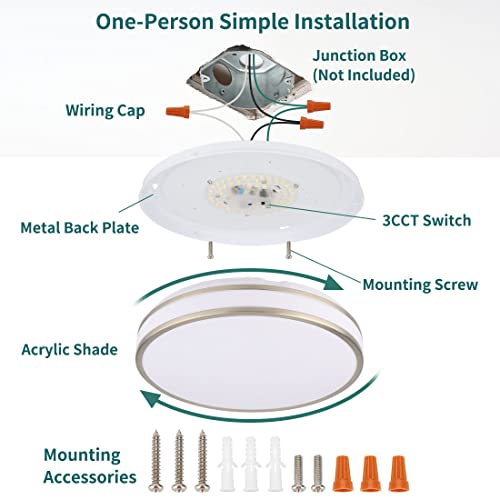 kadision LED Flush Mount Ceiling Light with BN Finish, 3CCT (3000K/4000K/5000K), 1600lm Dimmable Flush Mount Light Fixture 13”, ETL Listed (2 Pack)