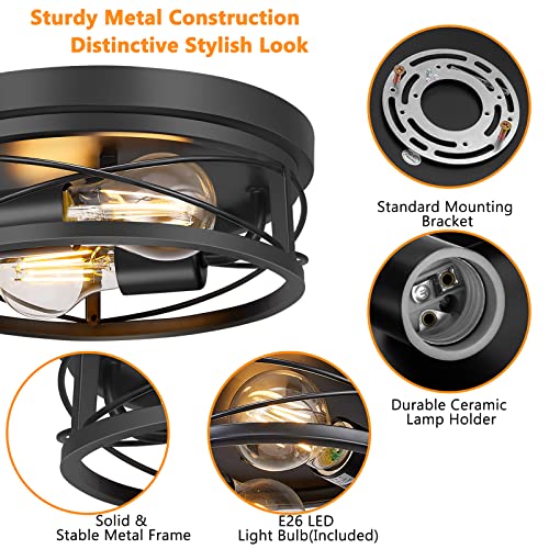 Feanron Farmhouse 2-Light Black Flush Mount Ceiling Light Fixtures, Industrial Vintage Metal Cage Closed to Ceiling Mount Lamp for Hallway Kitchen Bedroom 2 Pack, A19 LED Bulbs Included