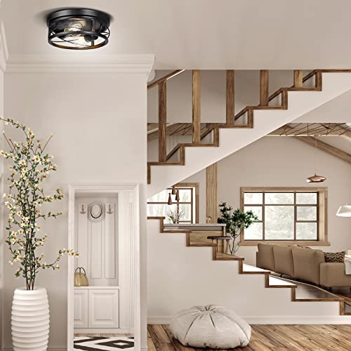 Feanron Farmhouse 2-Light Black Flush Mount Ceiling Light Fixtures, Industrial Vintage Metal Cage Closed to Ceiling Mount Lamp for Hallway Kitchen Bedroom 2 Pack, A19 LED Bulbs Included