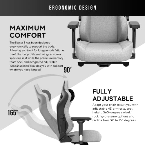 Anda Seat Kaiser 3 Gaming Chairs for Adults - Large Ergonomic Computer Chair with Lumbar Support, Comfortable Fabric Video Game Chairs with Headrest - Grey Recliner Desk Office Gaming Chair